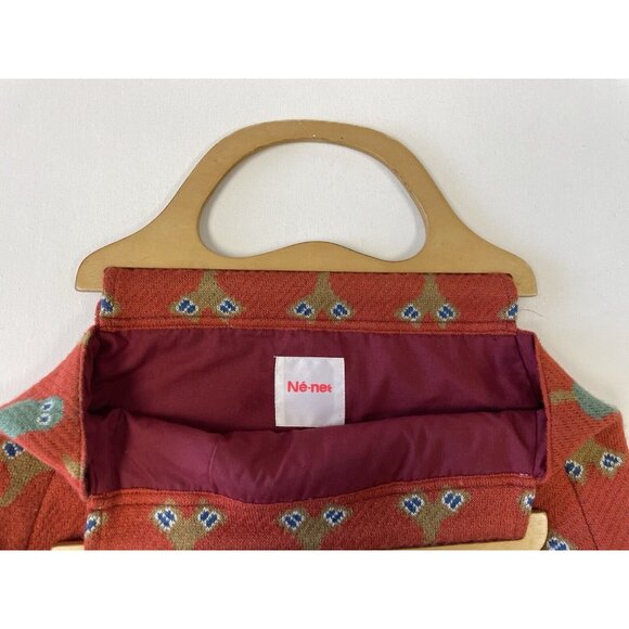 Ne-Net Orange Fair Isle Motif Knit Hobo Wooden Handle Tote Handbag Purse - Picture 6 of 10